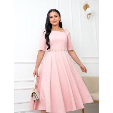 Imagem de Vestido Midi Social Elegante Decote Quadrado Assimétrico de Festa Conv