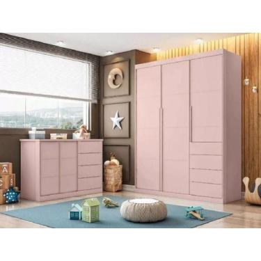 Imagem de Quarto de Bebe com Guarda Roupa 3 Portas + Cômoda Perola Rosê - Phoeni