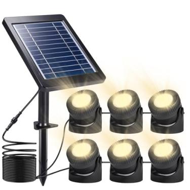 Imagem de Conjunto de 6 luzes solares RGB LED submersíveis para fonte IP68 Focos coloridos de paisagem subaquática com cabeça ajustável para decoração de lago, fonte de piscina, jardim (branco quente)
