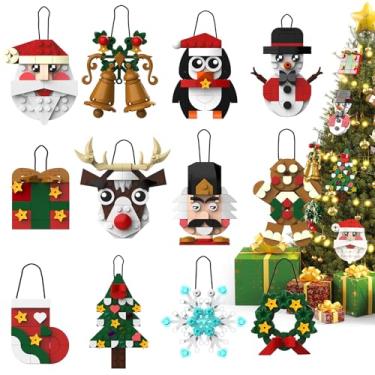 Imagem de Conjunto de blocos de montar de enfeites de Natal, 12 peças, kit de montagem de enfeites de Natal, Papai Noel, boneco de neve, rena, árvore de Natal, floco de neve, meias, brinquedos de decoração para