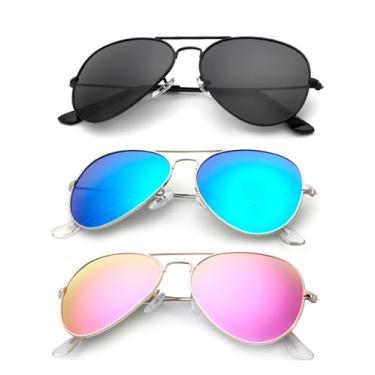 Imagem de Óculos de sol aviador clássicos para homens e mulheres, óculos de sol para dirigir e pescar, pacote com 3, Cinza/azul/rosa