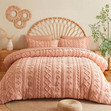 Imagem de MR&HM Conjunto de edredom King Size rosa coral, 7 peças, cama estilo casa de fazenda em uma bolsa com 1 edredom, 2 fronhas, 2 fronhas, 1 lençol de cima, 1 lençol com elástico para todas as estações