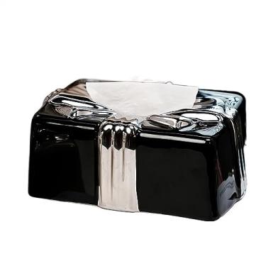 Imagem de Caixa de lenços Caixa de tecido cerâmico com laço criativo para sala estar doméstica, gaveta mesa jantar, centro(Preto)