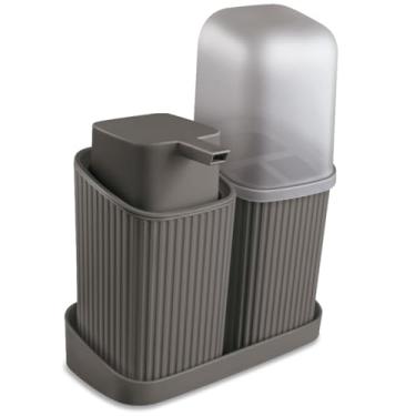 Imagem de Kit Banheiro Peças Completo - Porta Sabonete Líquido, Porta Escova e Bandeja | Conjunto Organizador para Lavabo(Concreto)