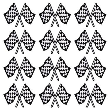 Imagem de 12 peças de remendos de corrida, emblemas de bandeira de corrida xadrez clássico preto e branco linha de acabamento de ferro em remendos bordados apliques de costura decorativos para roupas, sapatos