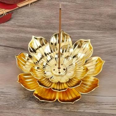 Imagem de Suporte de incenso grande de lótus dourado com vários orifícios, bandeja de queimador de incenso de metal para cones de palito, placa de aromaterapia vintage para decoração de meditação, ioga