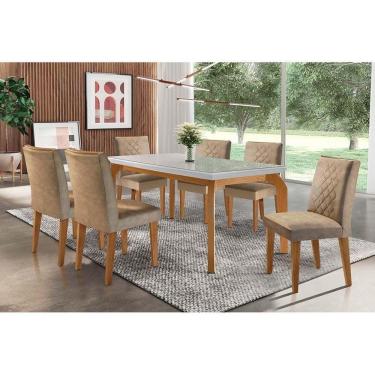 Imagem de Conjunto Mesa De Cozinha Londrina Tampo Madeirado Com Vidro 180x90cm E 6 Cadeiras Jade Imbuia Suede Capuccino Rufato