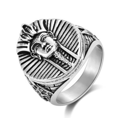 Imagem de JIPSJICI Anel masculino de aço inoxidável com sinete egípcio faraó rei TUT anéis pirâmide declaração joias, Metal, Sem Pedra Preciosa