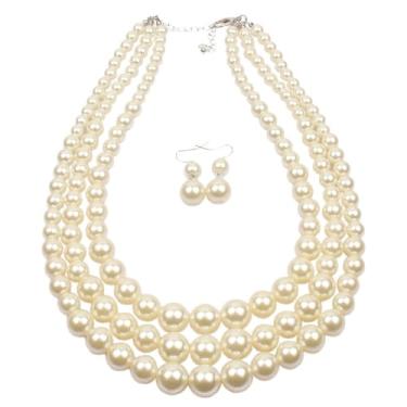 Imagem de Choistily Conjunto de colar e brinco de pérolas, vermelho, rosa, preto, roxo, pérola, colar em camadas, imitação de pérola, bijuteria vintage para mulheres, acessórios de fantasia de pérola, joias de