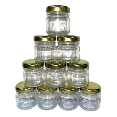 Imagem de Kits Potinhos de Vidro 40ml com Tampa Branca, Diversas Unidades, para Geleia, Papinha e Lembrancinhas, Decorativo, 4x4cm (Dourada, 100)