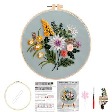 Imagem de Huacan Kits de bordado para adultos, estampa de flores estampadas para iniciantes, 1 peça, kit de costura de ponto cruz faça você mesmo, 19 x 19 cm