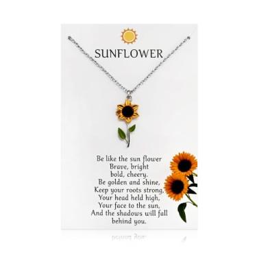 Imagem de Sudaporn Colar de girassol para mulheres, inspirador, encorajamento, presentes positivos, colar com pingente de flor de sol para suas amigas, família, Natal, aniversário, ideia de presente