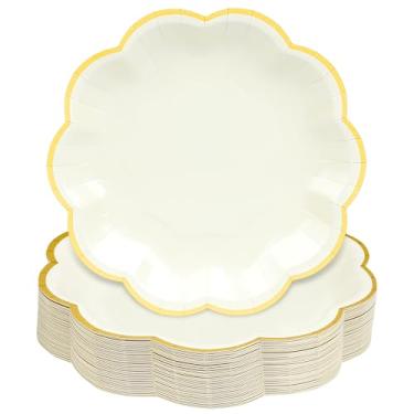 Imagem de AimFun Pratos de festa bege creme sobremesa pratos de papel 18 cm folha dourada borda recortada pratos de bolo descartáveis para festa de chá, aniversário, chá de bebê, suprimentos de festa de