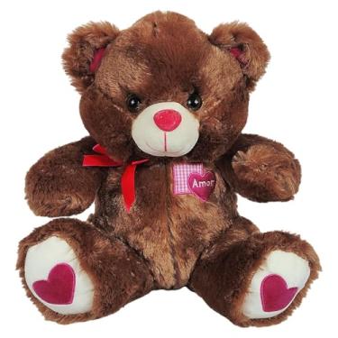 Imagem de Urso De Pelúcia Safari Com Lacinho e Detalhes Coração Ursinho Brinquedo Decoração Presente 30Cms - Marrom Escuro