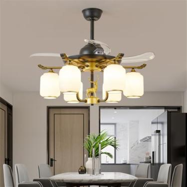 Imagem de Ventilador de teto moderno e discreto com luz LED para sala de estar, restaurante, quarto, escritório, casa de campo ou hotel, com controle remoto (6 lâmpadas, 1 unidade).