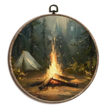 Imagem de laveliabel Decoração de parede de arte em tela redonda de acampamento de fogueira vintage, impressão em tela emoldurada de cabana de fogueira florestal retrô, decoração de parede redonda para quarto
