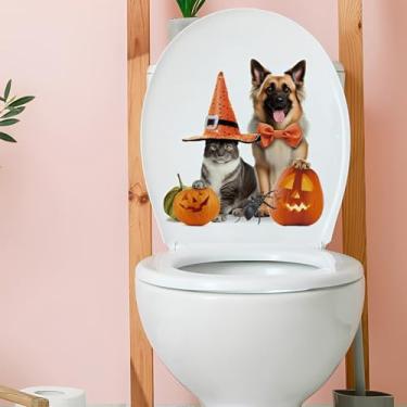 Imagem de 1 peça de decalque de banheiro de Halloween, adesivo de abóbora de cachorro gato, decoração de parede de banheiro engraçada, vinil PVC impermeável, decoração de festa em casa de férias (AB-001)