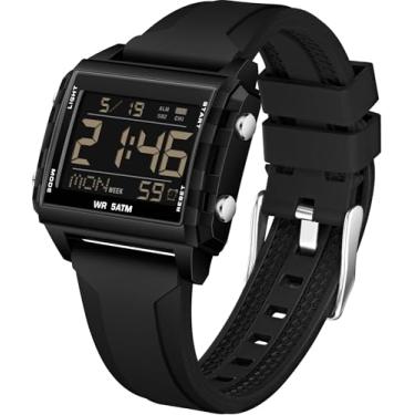 Imagem de findtime Relógio digital masculino quadrado esportivo à prova d'água relógios femininos simples números grandes moda relógio legal relógio duplo LED luminoso alarme cronômetro relógios branco preto