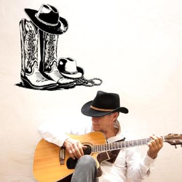 Imagem de SUPERDANT Adesivos de parede de bota de caubói chapéu de cowboy adesivos de parede de PVC autoadesivo preto para casa quarto de menino sala de estar apartamento 56,9 x 34,8 cm