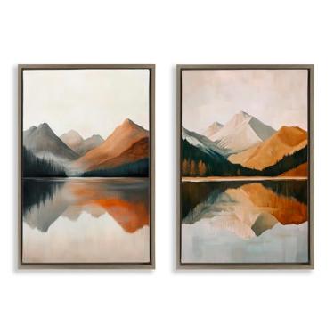 Imagem de Stupell Industries Terracotta Reflections Mountains and Lake Conjunto de tela flutuante com moldura preta de 2 peças, design da Petal Prints Design, 25 x 17