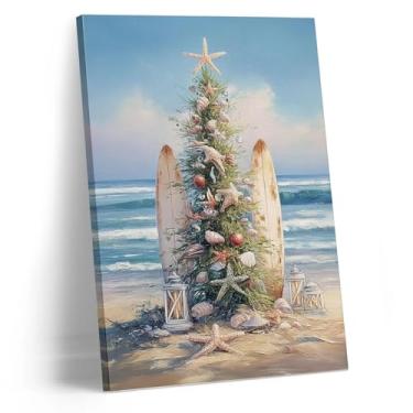Imagem de AEHIE Decoração de parede de árvore de Natal de praia costeira, arte de parede em tela emoldurada de Natal de praia costeira, concha do mar, árvore de Natal, decoração de parede para decoração de casa
