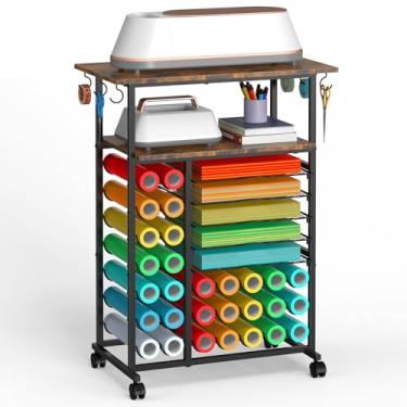 Imagem de SHINOSKE Carrinho de armazenamento de artesanato com 29 suportes de rolo de vinil e 6 ganchos, compatível com máquinas de corte artesanal, mesa de artesanato pequena de várias camadas para materiais