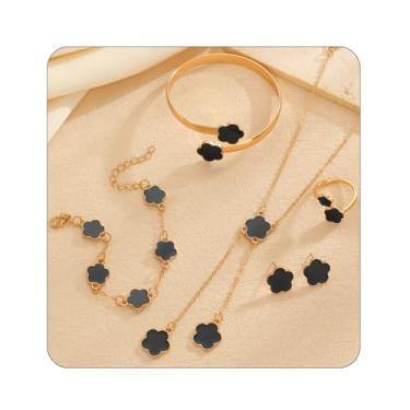 Imagem de ZMJK Conjunto de joias Lucky Clover para mulheres, elegante, colar com pingente de flor, brincos, anel, pulseira, moda, trevo de cinco folhas, joias florais para presentes de amigos, extra, Liga de