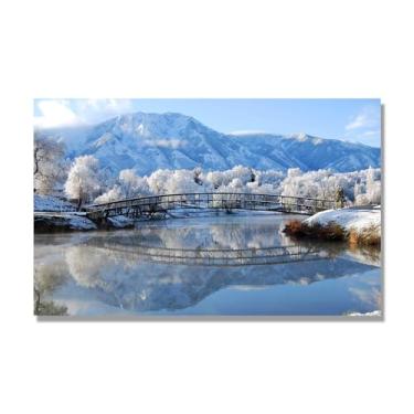 Imagem de NHLDZYH Quadro de tela de inverno, (reflexo em ponte de neve), impressão de alta resolução cena natural branca para decorar sala, arte de parede moderna. 60 x 96 cm Tela única