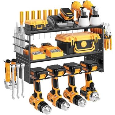 Imagem de Ouinis Suporte de parede organizador de ferramentas elétricas, capacidade de carga de 68 kg com 4 suportes de broca, prateleira utilitária de 3 camadas para armazenamento de garagem e organização de