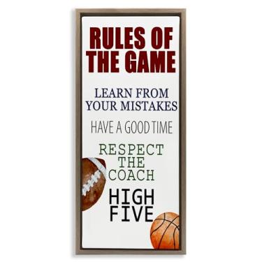 Imagem de Stupell Industries Arte de parede em tela flutuante com moldura dourada Motivational Rules Of The Game, design de Kim Allen, 25 x 11