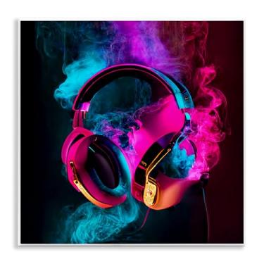 Imagem de Stupell Industries Arte de placa de parede para fones de ouvido rosa e azul Power Play, design por Sasha, 12 x 12