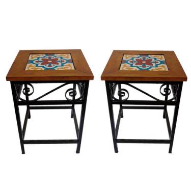 Imagem de Kit 2 Bancos de Ferro e Madeira Rústico com Ladrilho Hidráulico - Esti