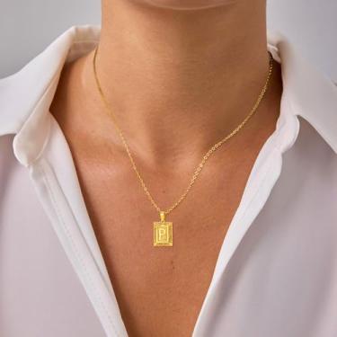 Imagem de Colar com monograma quadrado de ouro A a Z com moldura ornamentada de filigrana pingente de letra estilo barroco corrente de declaração para camadas, F, Aço inoxidável, Sem Pedra Preciosa