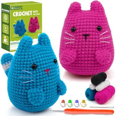 Imagem de Faircosy Kit de crochê para iniciantes em crochê: kits de crochê de animais para crianças e adultos - Kit de iniciante Amigurumi para aprender a tricotar gatos com vídeo tutorial detalhado e