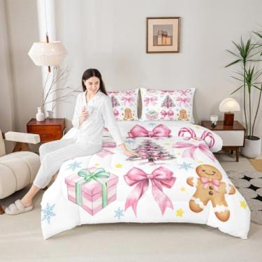 Imagem de Merry Christmas, conjunto de edredom tamanho casal, laço rosa, árvore de Natal, conjunto de edredom para quarto, Papai Noel e homem de gengibre, conjunto de cama branco com 3 peças para meninas e