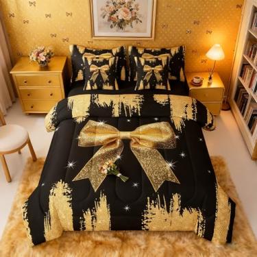 Imagem de Jogo de cama solteiro com laço de champanhe e nó de lantejoulas; conjunto de cama solteiro com laço de lantejoulas brilhantes, princesa sonhadora com glitter, conjunto de cama com laço e gravata