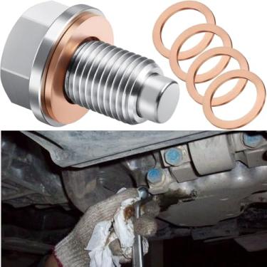 Imagem de Bujão de drenagem de óleo magnético M14x1,5M, parafuso de porca de drenagem de cárter de aço inoxidável universal serve para Honda Mazda Acura Kia Jeep carros, motocicletas, barcos e mais com 5 peças