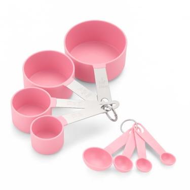Imagem de Kit Medidor Culinário 8 Peças em Aço Inox – Copos e Colheres Medidoras, Alta Precisão e Livre de BPA (Rosa)