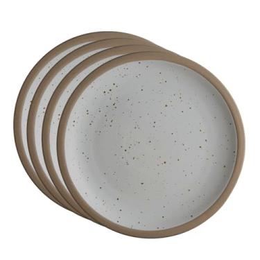 Imagem de Goodies Pratos de jantar com borda branca e marrom (conjunto de 4), cerâmica artesanal, esmaltada, segura para lava-louças, segura para micro-ondas, durável, fácil de limpar, empilhável, 28 cm