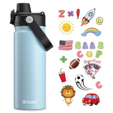 Imagem de baab Garrafa de água infantil de 510 g, garrafa de água infantil isolada com tampa de bico bloqueável e adesivos, copo de água infantil à prova de vazamento de aço inoxidável 18/8 com alça para