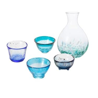 Imagem de Conjunto de saquê japonês feito à mão – presente elegante para qualquer ocasião (jarra de saquê mexubasho com conjunto de 4 xícaras (azul do oceano), jarra (350-365ml), copo (50-85 ml))
