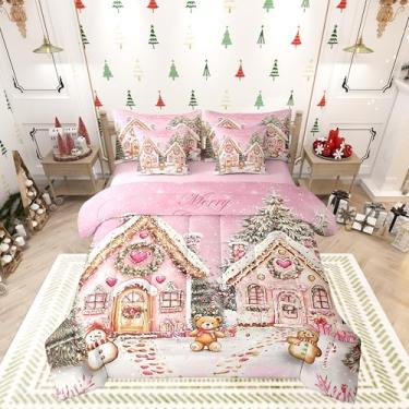 Imagem de Manfei Jogo de cama queen com estampa de Feliz Natal, Natal, casa de neve, casa de neve, urso de neve, tamanho Queen, 7 peças, para crianças, conjunto de lençol e fronhas