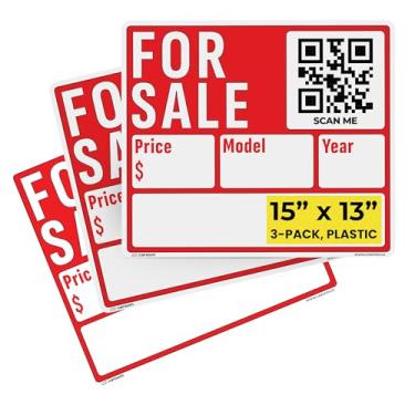 Imagem de Placa de carro 15 × 13 para venda (pacote com 3) - Preço/modelo/ano | À prova de intempéries | Plástico PVC | Aplicativo QR incluído