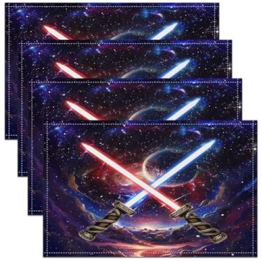 Imagem de Feelyou Tapetes de mesa de sabre de luz para meninas, azul, vermelho, tecido lavável, decoração, jogo americano com ilhós, sabre de luz, para cozinha, mesa de jantar, 45,7 x 30,5 cm, tapetes de mesa