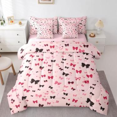Imagem de Erosebridal Conjunto de cama solteiro com gravata borboleta rosa, 7 peças, com lençóis, princesa, rosa e preto, para crianças, meninos e meninas