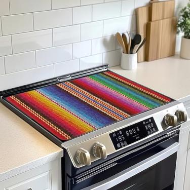 Imagem de Protetor de tampa superior de fogão elétrico, tapete de fogão com listras étnicas mexicanas de vidro arco-íris, tapete de fogão de indução de forno resistente ao calor para tapetes de bancada de