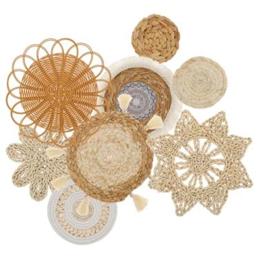 Imagem de KHZSPP Conjunto de 8 cestos de parede Boho para decoração de cestas de parede em tecido de vime, borlas redondas, cestas para pendurar na parede de casa de fazenda, plano rústico para decoração de