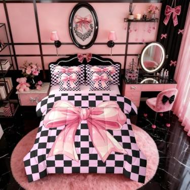 Imagem de Erosebridal Conjunto de cama preto e rosa para meninas, conjunto de edredom com laço rosa e lençol de solteiro, xadrez, quadriculado, geométrico, com laço estético, para crianças, adolescentes e