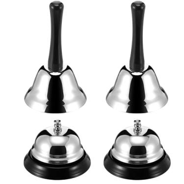 Imagem de PullCrease 2 campainhas de chamada e 2 peças de sino alto de aço prateado de serviço clássico para hotéis, escolas, restaurantes, mesa, balcão, recepção, escritório, casa