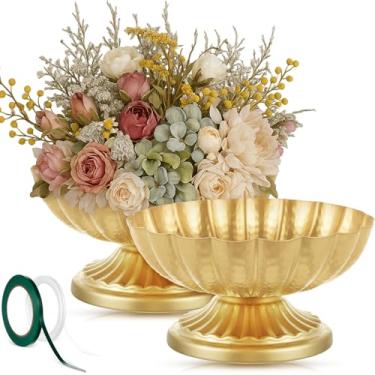 Imagem de Ninehaoou 2 peças de tigela de metal para centro de mesa, pequeno vaso de compota, flores internas e externas, plantas de frutas para decoração de Natal, casamento, festa em casa (Médio, ouro